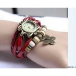 BeautyLife Weave Wrap Around Leather Bracelet Lady Woman Wrist Watch (Red Butterfly)