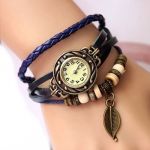 Retro Weave Wrap Around Leather Bracelet Lady Wrist Watch Quartz Watch (blue)