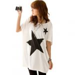 Womens Star Print Casual Short Sleeve Long Drop shoulder T-shirt Tops US10-16 White