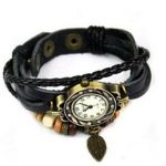 Retro Weave Wrap Around Leather Bracelet Lady Wrist Watch Quartz Watch (black)