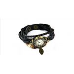6 colors vintage bracelet watch with leaf pendant Genuine cow leather quartz wristwatches (Black)