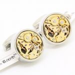 Vintage Steampunk Silver Round and Gold Movement Watch Functional Mechanical Cufflinks (Width: 0.79 Length: 0.79)