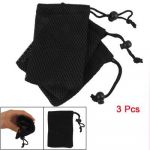 Black Cell Phone Nylon Mesh Drawstring Pouch Bags 3 Pcs