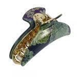 Flower Print Plastic 20 Claws Barrette Hair Clamp Green Gold Tone Blue