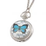 Blue Butterfly Print Hunter Round Case Necklace Pocket Watch for Ladies