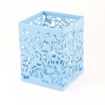 Light Blue Hollow Rose Flower Square Metal Pen Pencil Pot Holder Organizer