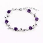 Girl Metallic Dark Purple Roses Leaves Detail Adjustable Chain Bracelet Bangle