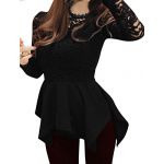 Lady Lace Panel Scalloped Neck Long Sleeve Pullover Peplum Top Black M