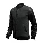 Man's Long Imitation Leather Sleeve Rib Knit Collar Snap Button Jacket