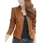 Lady Stand Collar Long Sleeve Stylish Imitation Leather Jacket Camel M