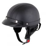Black Faux Leather Covered Motorcycle Skull Cap Half Helmet w Scoop Visor