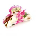 Plastic Florals Pattern Spring Loaded Hair Claw Clip Beige Fuchsia