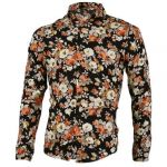 Men Point Collar Single Breasted Round Hem Floral Prints Shirt (Black) Small