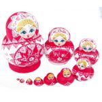 Round Wooden Collection Matryoshka Red Russian Nested Maiden Wishing Dolls 10pc
