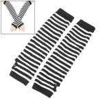 Pair White Black Stripes Acrylic Fingerless Arm Warmers Gloves for Women