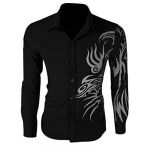 Men Long Sleeve Single Breasted Dragon Prints Shirt Black M
