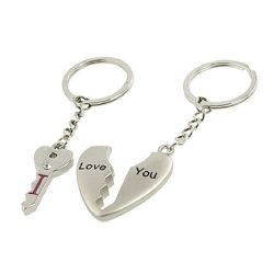 Couples Silver Tone Metal Heart Key Pendant Keychains Keyrings
