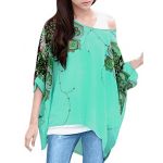 Allegra K Lady Novelty Pattern Round Neck Chiffon Oversize Tunic Top Green XL