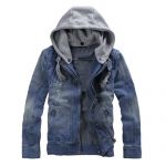 Man Stand Collar Detachable Hood Zip Closure Denim Jacket Blue M
