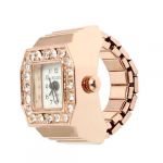 Square Dial Glitter Crystal Decor Elastic Band Finger Ring Watch Copper Tone for Lady