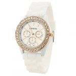 Women's Geneva Golden Crystal Silicone Quartz Ladies Jelly Wrist Watch (White)