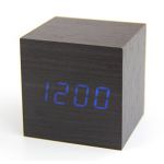 Latest Design Fashion Black Wood Cube Mini Blue LED Wooden Digital Alarm Clock -Time Temperature Date Display - Voice and Touch Activated