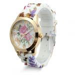 Fashion Women Dress Watch Silicone Printed Flower Causal Quartz Wristwatches White Belt with Mix Rose Color and Brown Flower Pattern Silicone Quartz Ladies Womens Jelly Wrist Watches