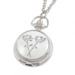 Silver Tone Rose Print Adjustable Time Metal Necklace Pendant Watch for Lady