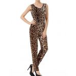 Allegra K Women Sleeveless Stretchy Waist Leopard Prints Slant Pockets Jumpsuit