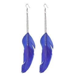 Women Long Double Blue Feather Pendant Fish Hook Earrings