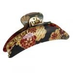 Plastic Black Gold Tone Red Floral Print Hair Clip Claw Clamp for Lady