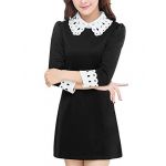 Lady 3/4 Sleeve Hollow Out Peter Pan Collar Casual Dress Black M