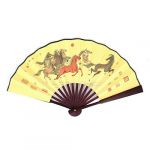 Unisex Horse Pattern Wood Handle Fabric Hand Fan 10 Inch Length Yellow