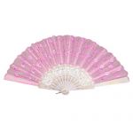 Pink Sequins Decor Flower Nylon Fabric White Plastic Ribs Folding Hand Fan