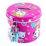 Cylinder Design Cartoon Print Fuchsia Piggy Bank Coin Money Saving Box w Padlock