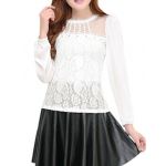 Women Round Beads Neckline Patchwork Long Sleeves Casual Top White M