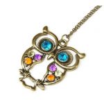 Stone River Jewellery Blue Eyed Bronze Tone Owl Pendant Long Chain Necklace Vintage Style Lilac  Lemon   Pink Stones