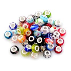100 Mixed Murano glass beads to fit Pandora style charm bracelets.Slide on off-Hole is 5mm. Check out our affordable glass beads charms clip stops rhinestones etc. Great mix.