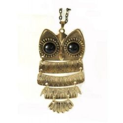 Art deco black eye bronze owl vintage retro Long necklace jewellery pendant