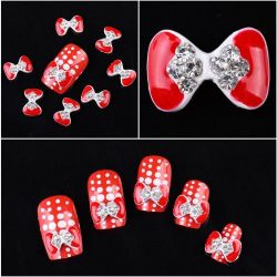 10 PCS Red Acrylic Bow Bowknot Bow Tie Alloy 3D Rhinestone Gem Design Nail Art Decoration