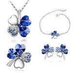 Blingery Fashion Jewelry Set Plainum-Plated Alloy Austria Crystal Necklace Bangle Bracelet Ring And Earrings Charm Pendant Best Gift Blue Four Leaf Pendant