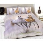 White & Brown Horse / Pony Print Double Duvet Cover & 2 Pillowcase Bedding Bed Set