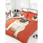 Bedding Heaven Reversible, Fun Design. PERCY PUG DUVET COVER, RED. DOUBLE BED SIZE DUVET COVER. Cute Dog in Sunglasses, Paw Prints on Reverse.
