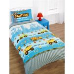 Kids Childrens Girls Boys Diggers Trucks Green Blue Yellow Single Bed Size Duvet Cover Quilt Set