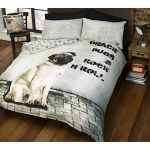 Bedding Heaven Reversible, Fun Design. PUGSY PUG DUVET COVER, DOUBLE BED SIZE DUVET COVER. Cute Dog, Paw Prints on Reverse. Peace, Pugs n Rock n Roll.