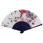 Wooden Frame Fabric Floral Pattern Party Dance Folding Hand Fan White