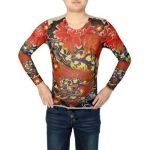 S round neck floral pattern tight tattoo t-shirt red blue for men