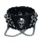  Black Men's Gothic Leather Bullet Skull Chain Wristband Bracelets for Men