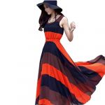 Askformore Orange Blue Boho Bohemian Chiffon Stripes Summer Beach Long Maxi Dress