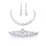  Bridal Wedding Crystal Necklace Earring Set + Floral Crown Headband Bridal Veil Tiara